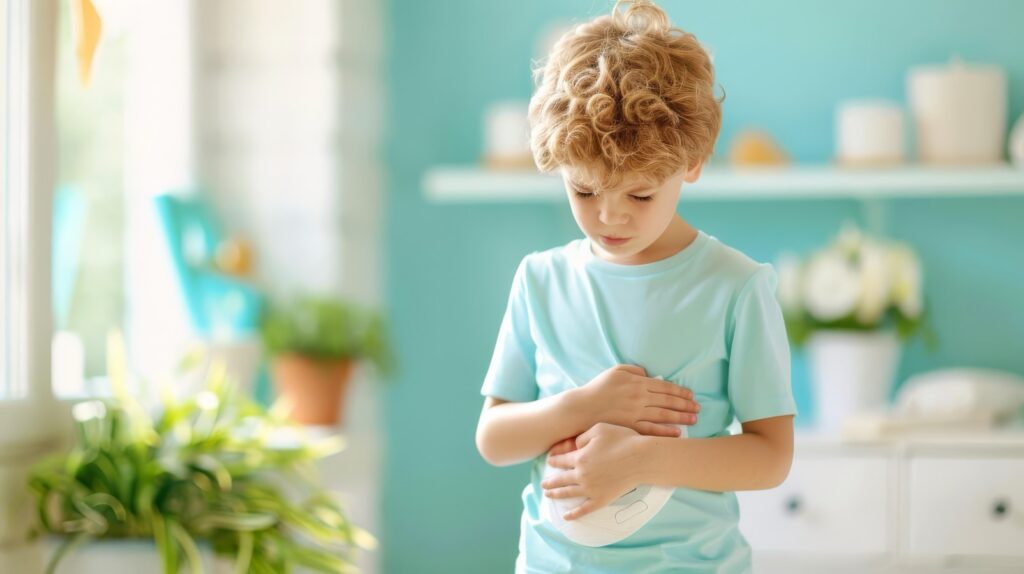 Niño con dolor de estómago agarrándose el vientre, Dolor abdominal, Mostrando el dolor y la incomodidad de un dolor de estómago en niños