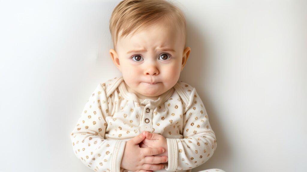 Un bebé con dolor de estómago, agarrándose el estómago con dolor, sobre fondo blanco, con espacio en blanco.